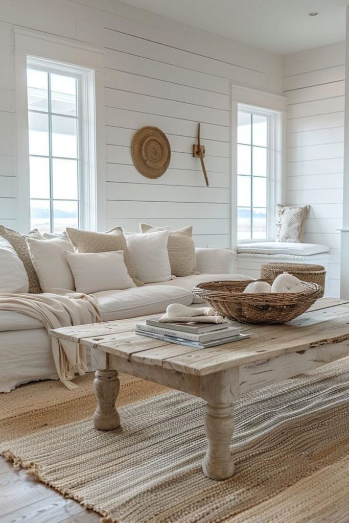 Coastal whitewashed shiplap wall with decor.