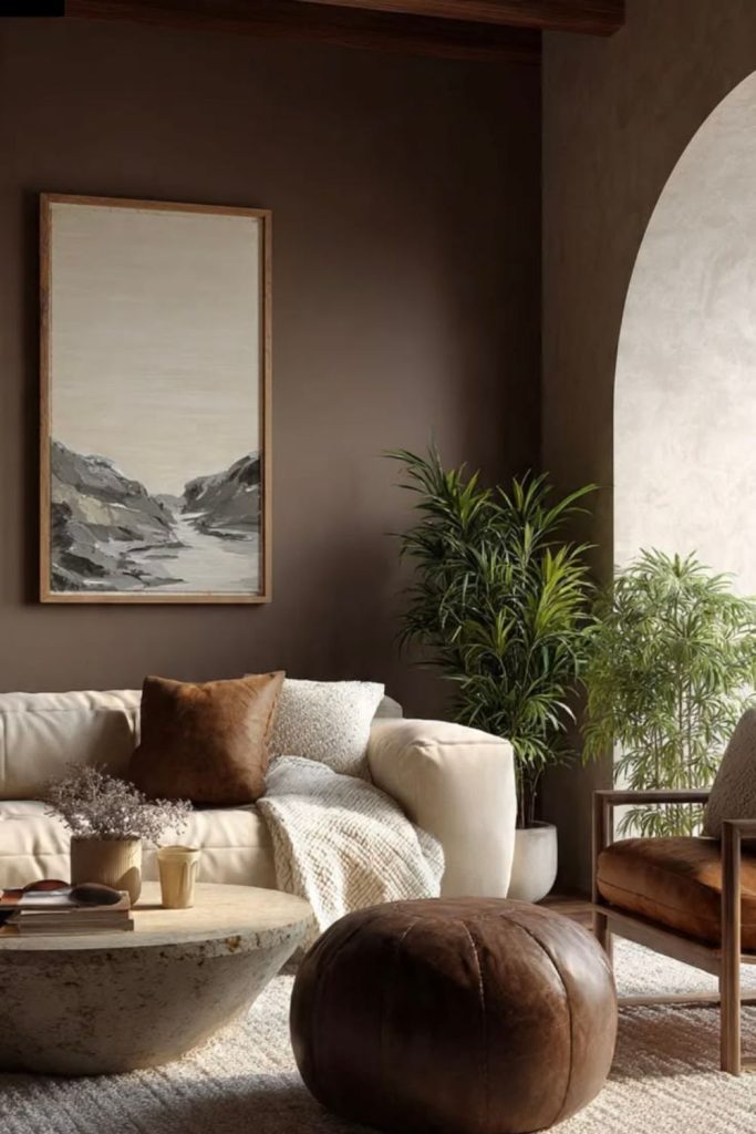 Cocoa brown earthy limewash wall.