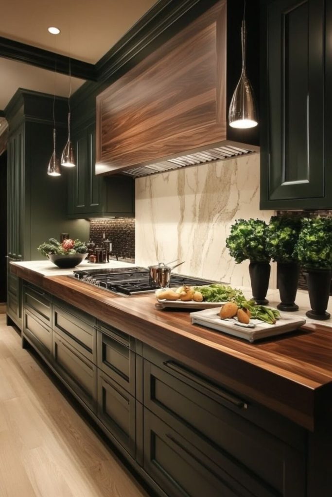 Chocolate brown and green kitchen