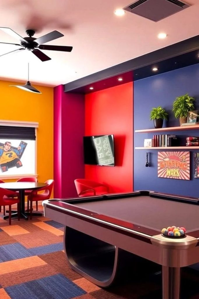 Colorful block gaming studio interior