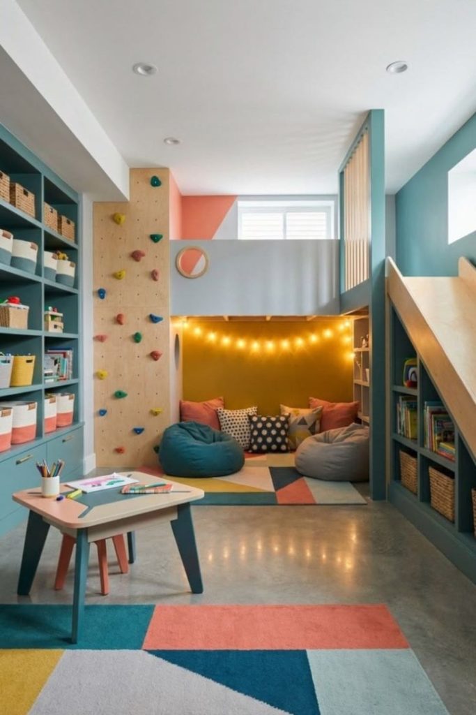 Color-blocked modern kids playroom.