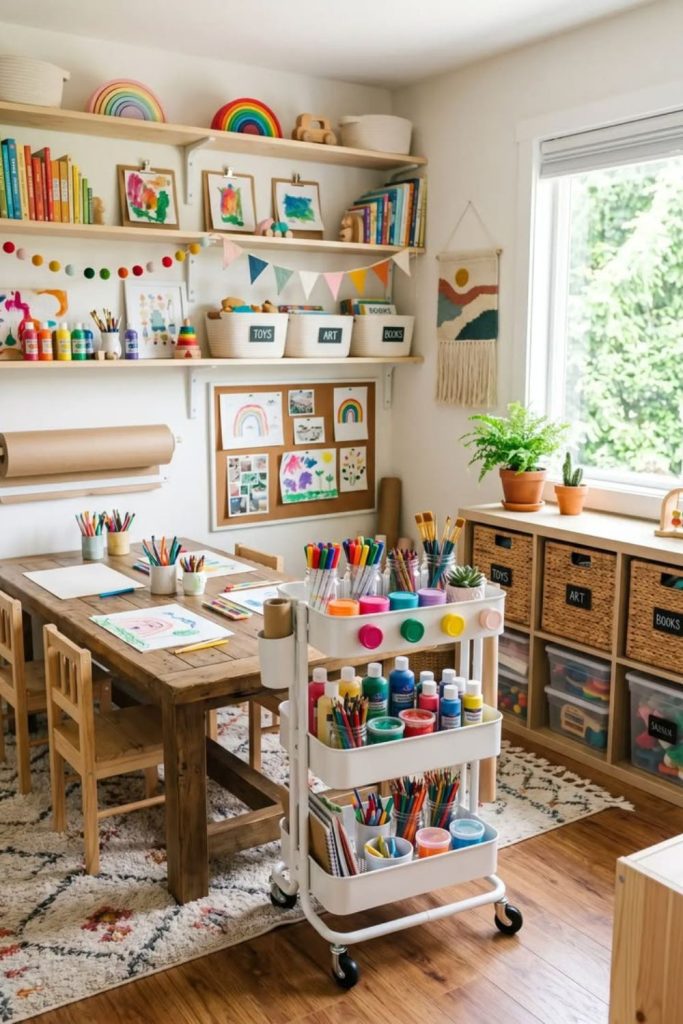 Colorful kids craft room with supplies.