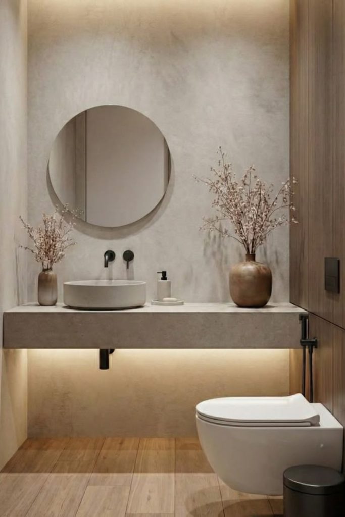 Minimalist concrete powder room interior.