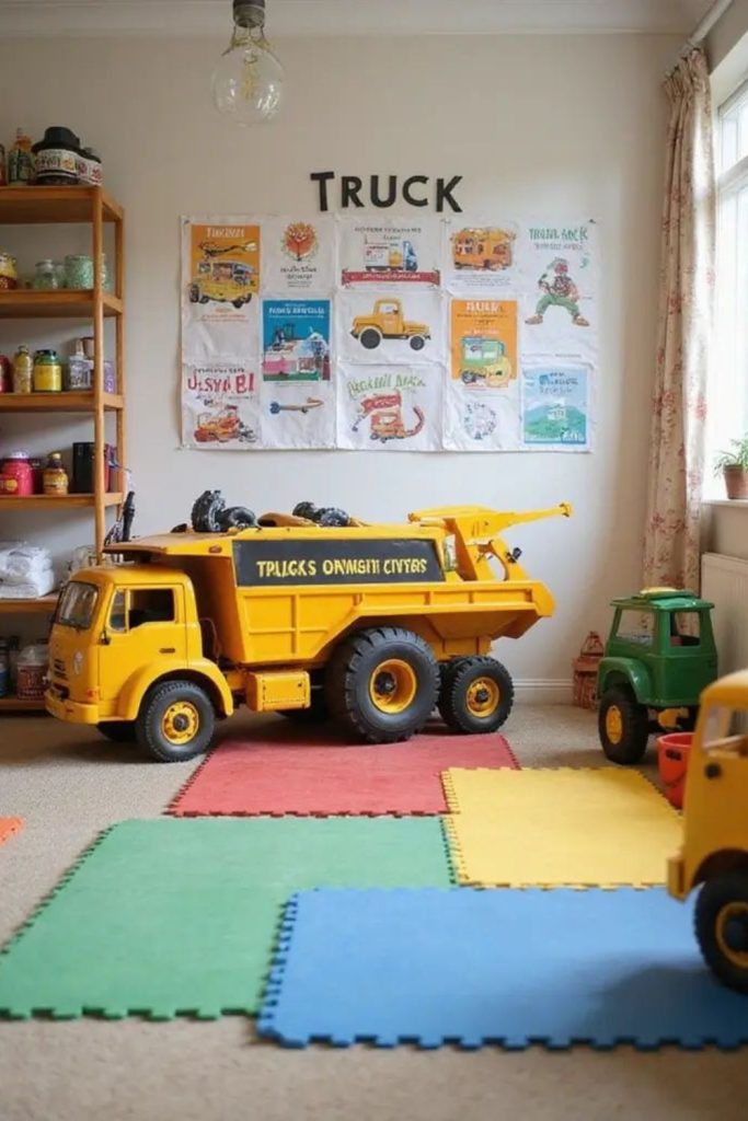 Fun construction-themed kids playroom.
