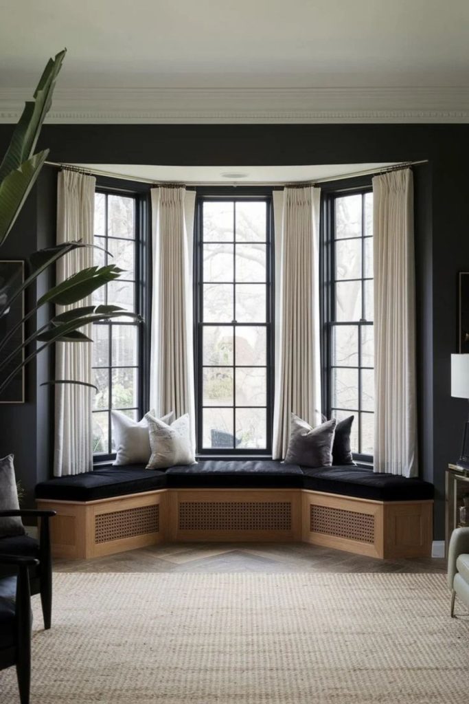 Contemporary black-framed bay window.