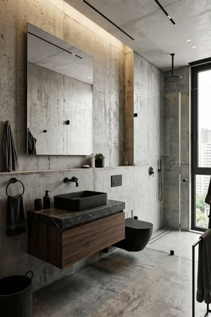 Modern concrete ensuite bathroom interior design.