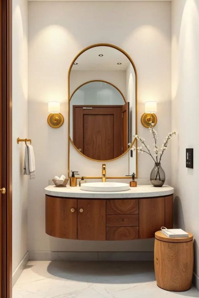 Contemporary curved powder room design.