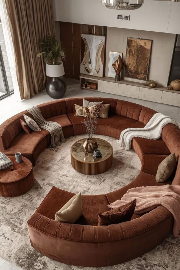 Curved sofa inside conversation pit.