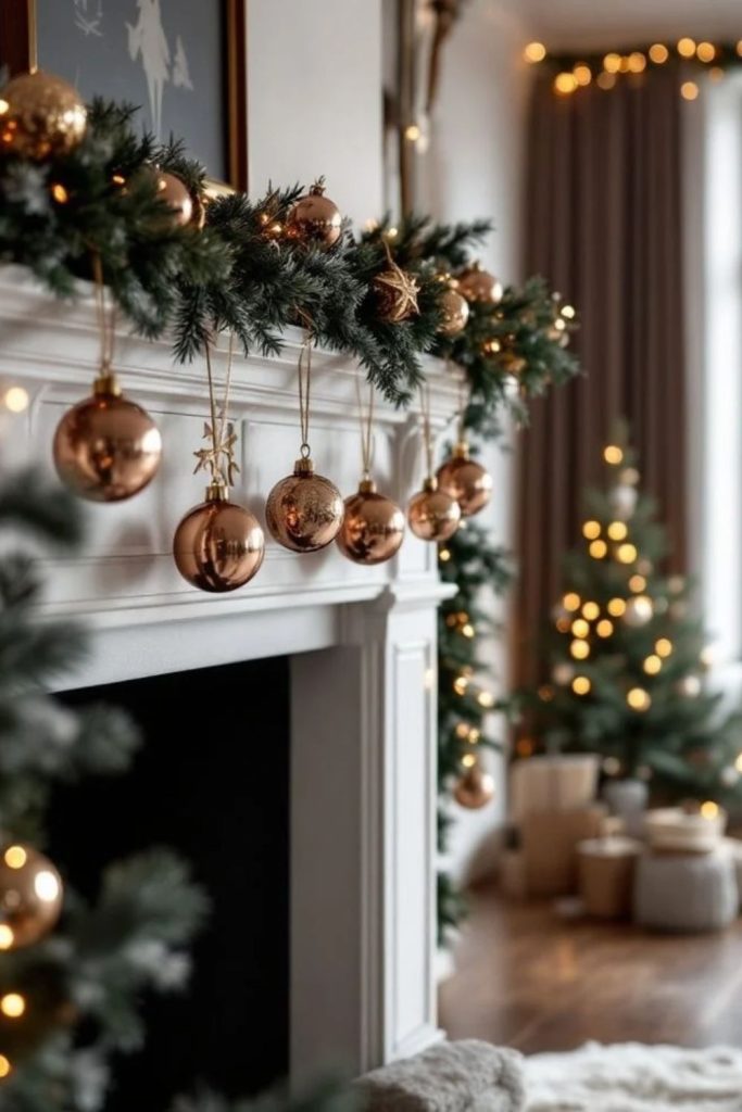 Warm copper Christmas mantel with greenery.
