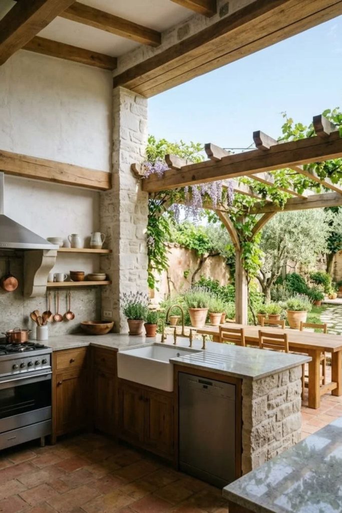 Cottage courtyard kitchen garden with vegetables.