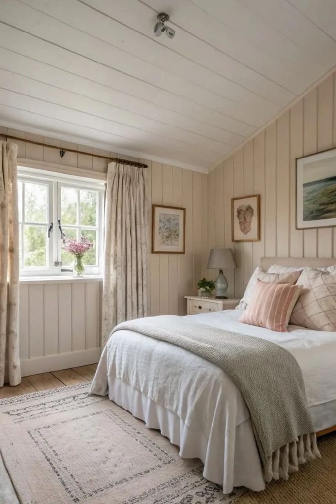 Cottage cream shiplap wall with decor.