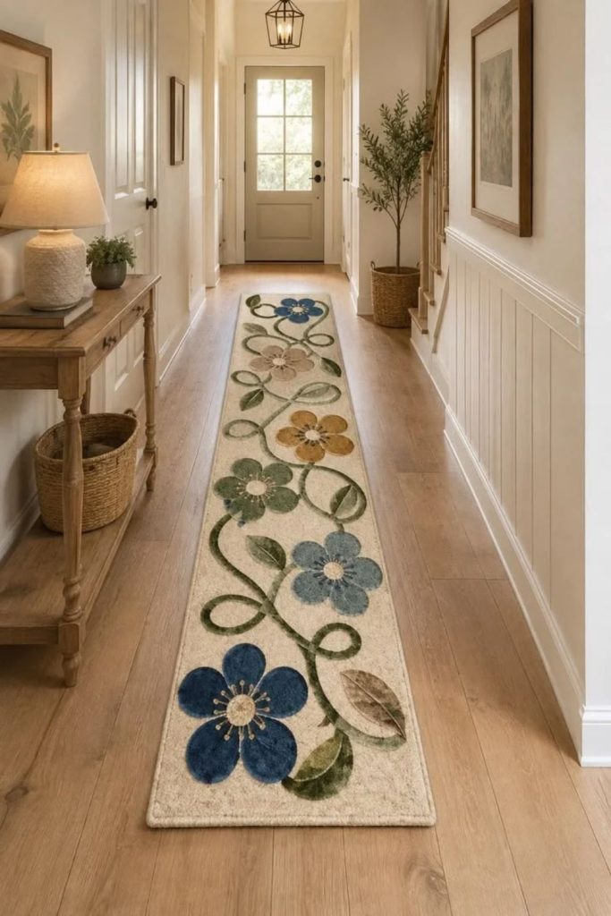 Charming floral cottage hallway runner.