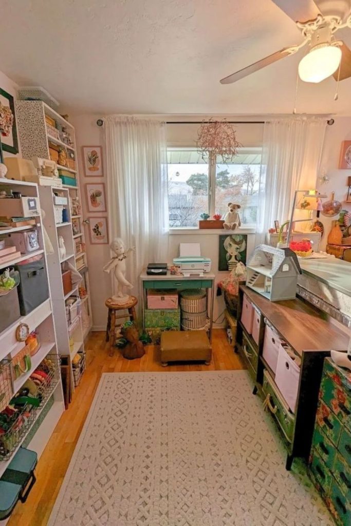 Cottagecore craft room with floral decor.