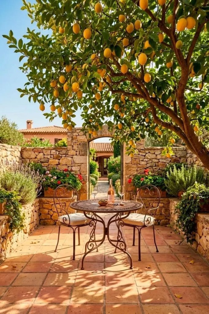 Courtyard citrus grove with terracotta planters.