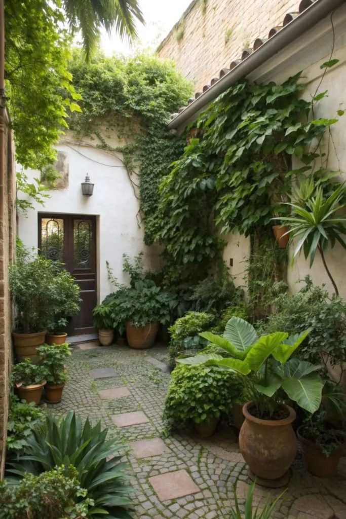 Charming courtyard herb garden with containers.