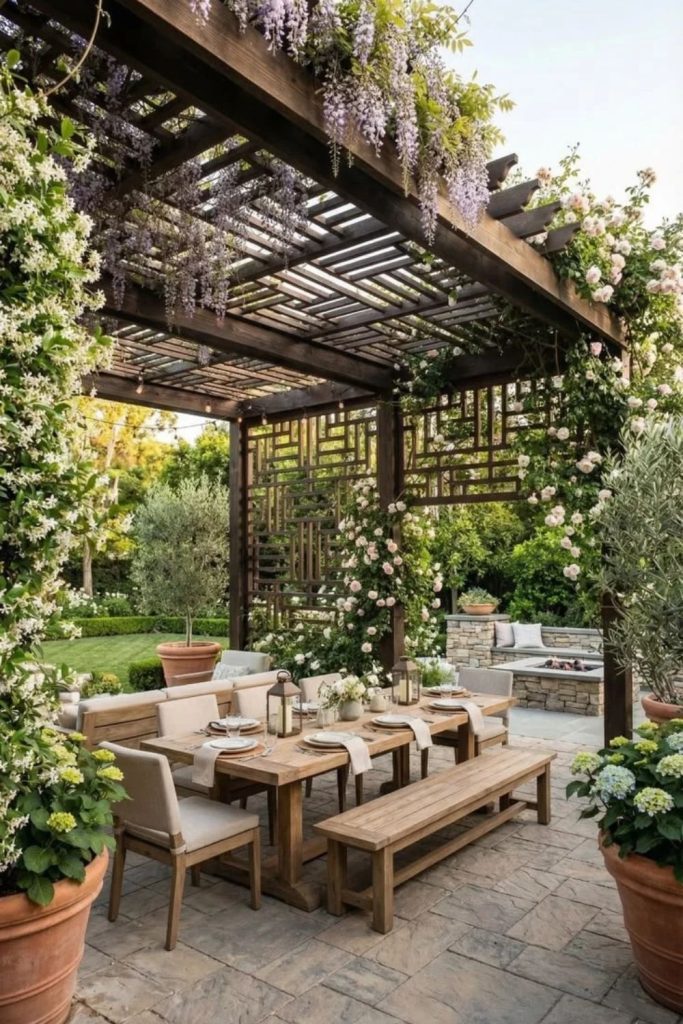 Courtyard pergola surrounded by climbing greenery.
