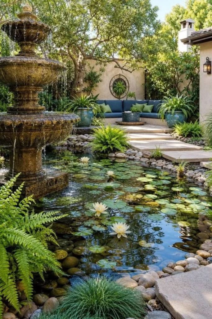 Peaceful courtyard featuring a reflective water feature.
