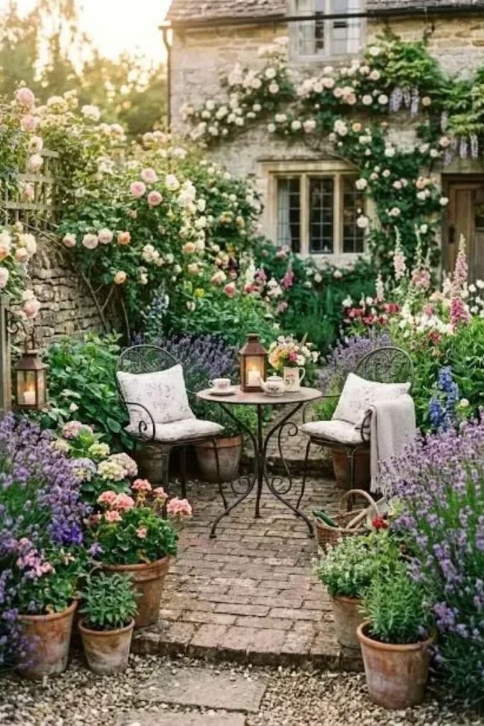 Colorful courtyard wildflower garden with bench.