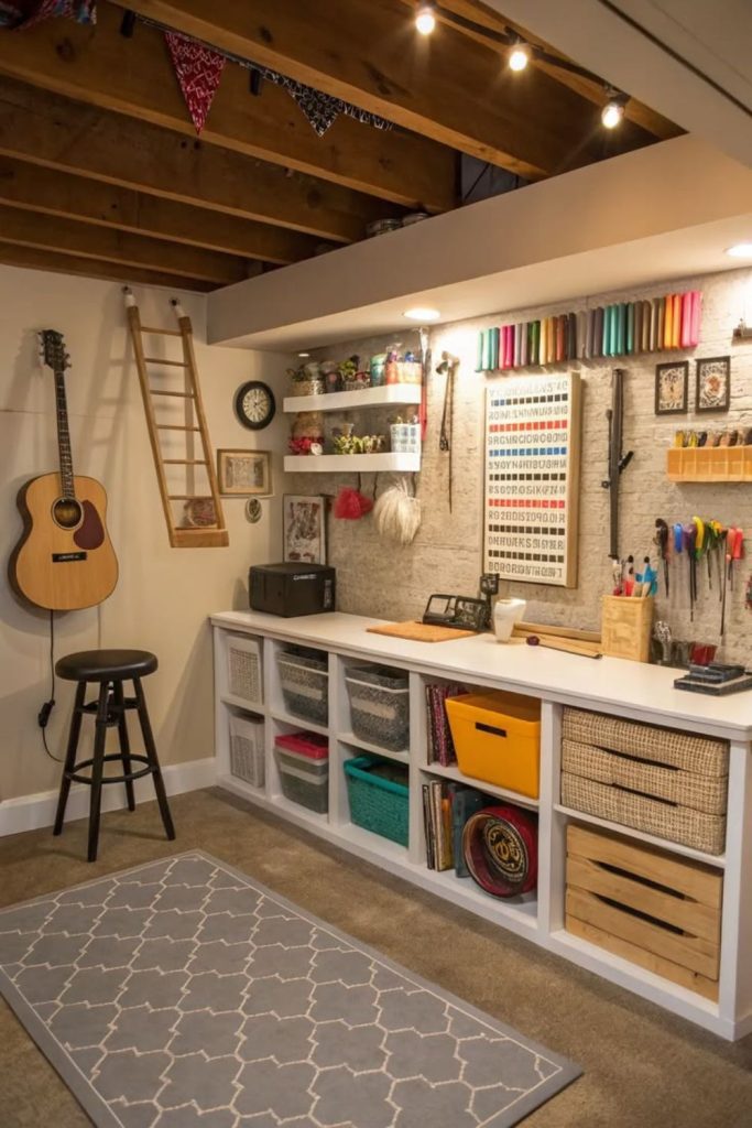 Cozy basement craft room with lighting.