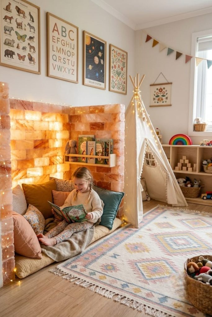 Cozy cabin-themed kids playroom.