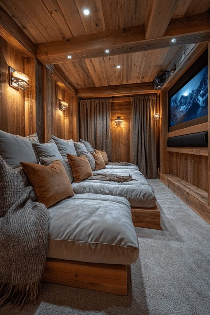 Rustic cozy cabin-inspired home theater.