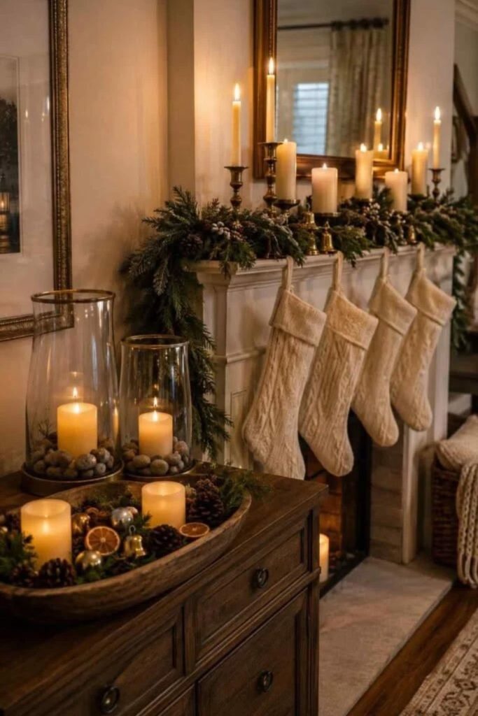 Cozy candlelit Christmas mantel with greenery.