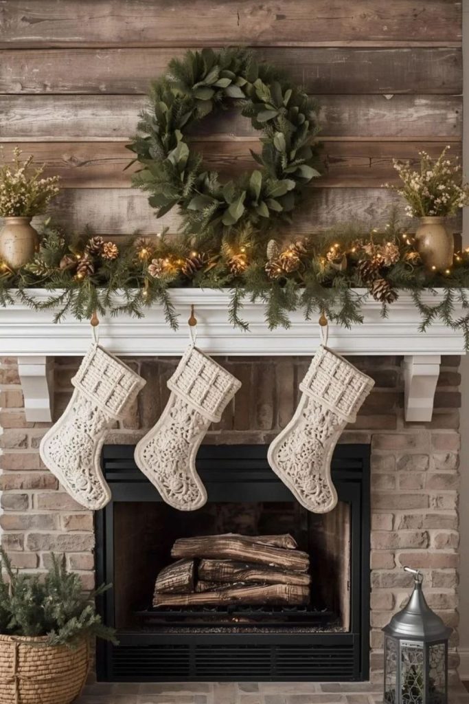 Cozy farmhouse Christmas mantel with plaid.
