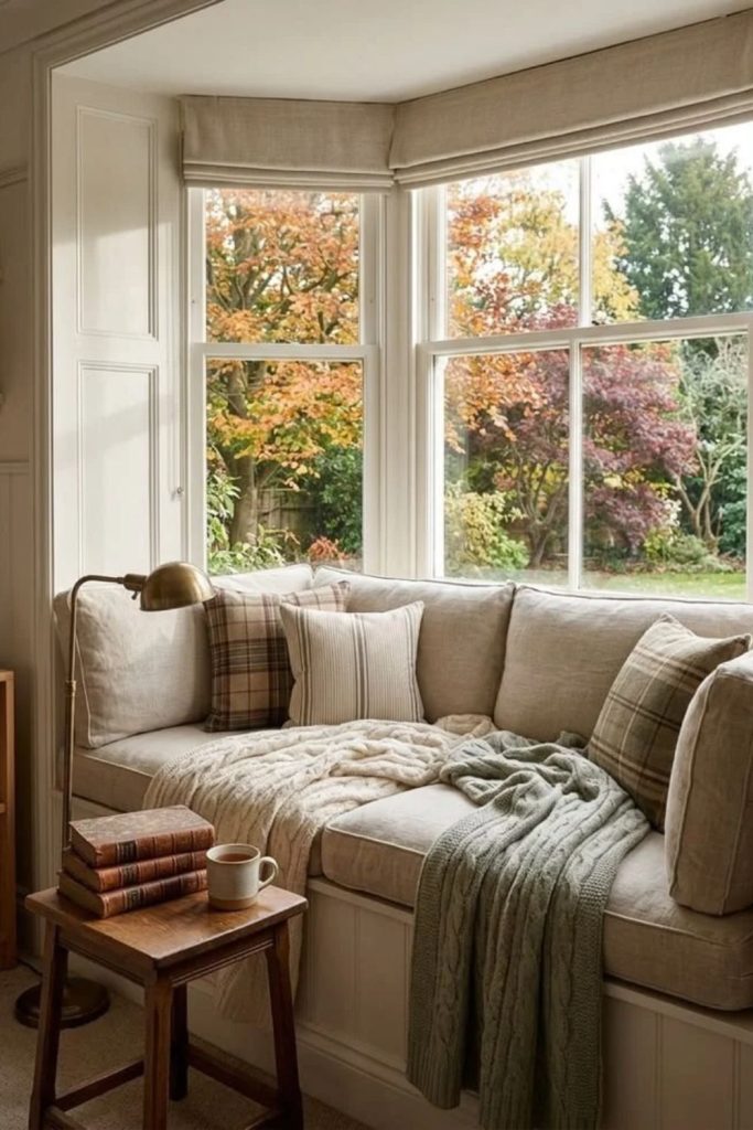 Cozy bay window reading retreat.