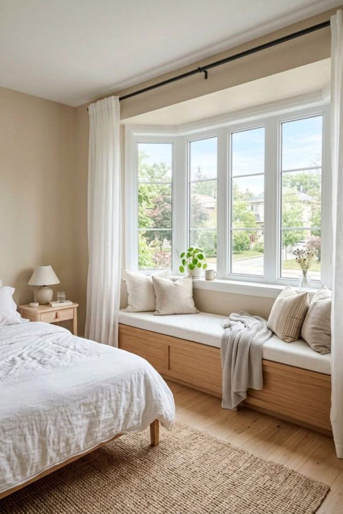 Cozy Scandinavian bedroom with window nook.