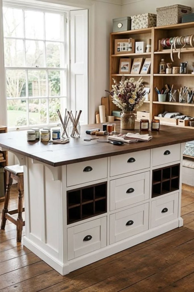 Craft room island with ample workspace.