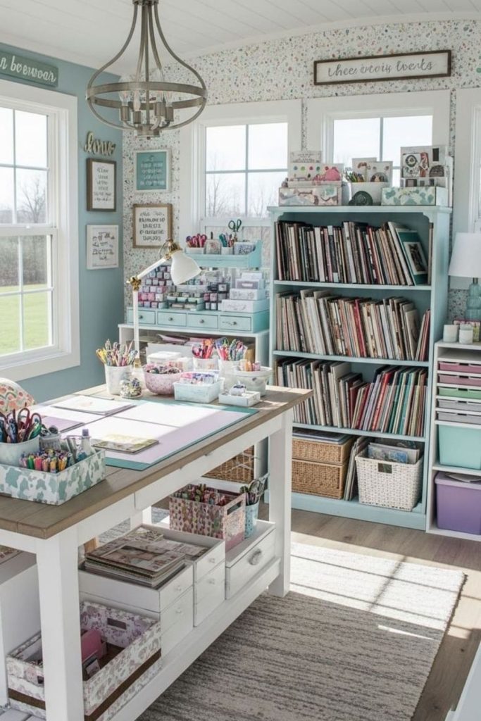 Craft room library with creative storage.