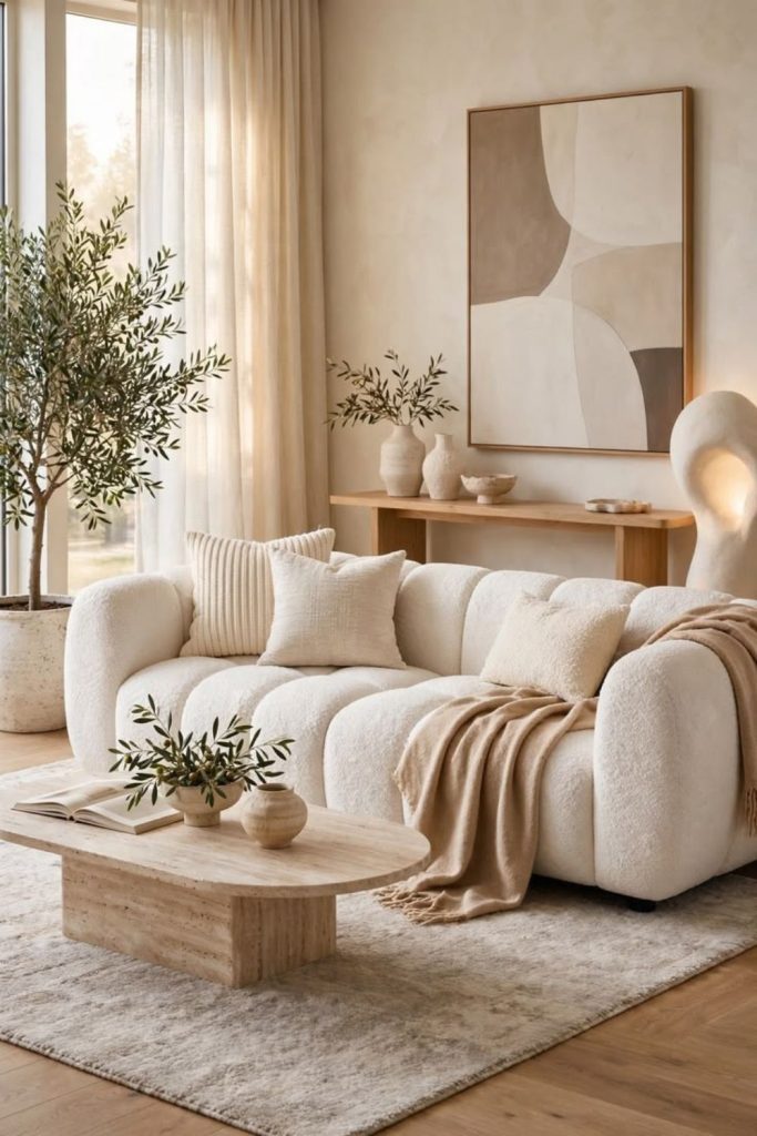 Cream boucle living room with cushions.