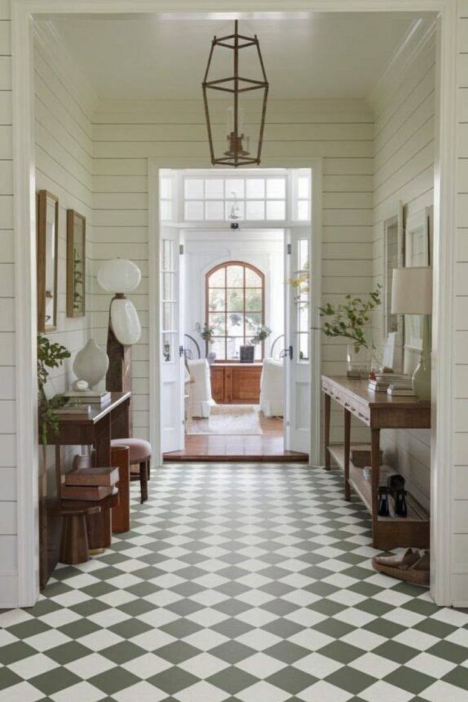 Cream olive cottage checkerboard tiles.