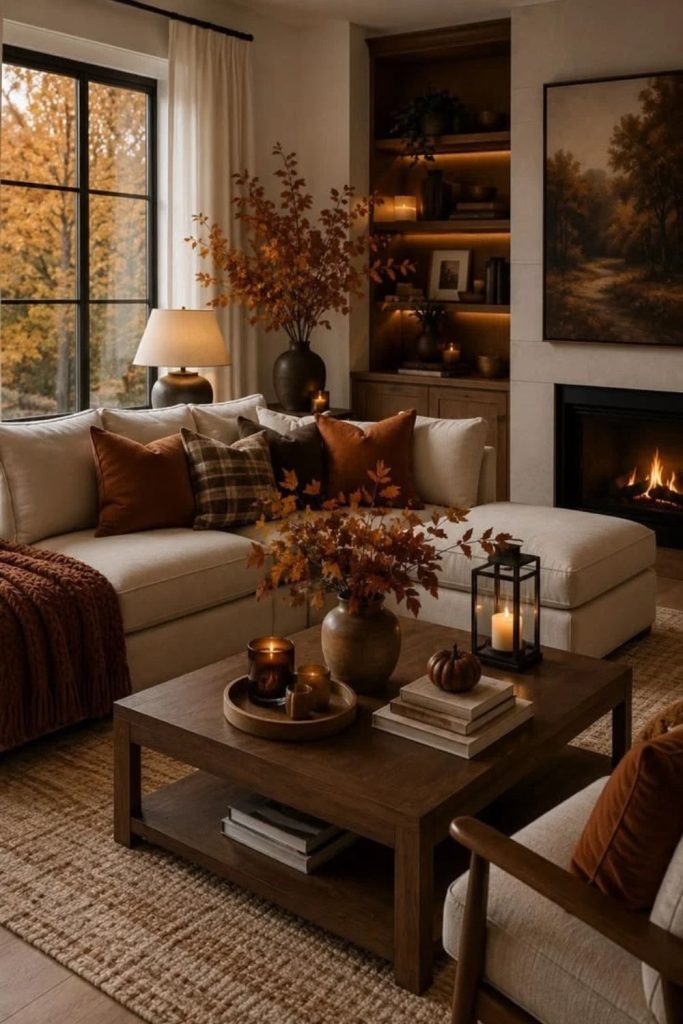 Chocolate brown cozy winter living room.