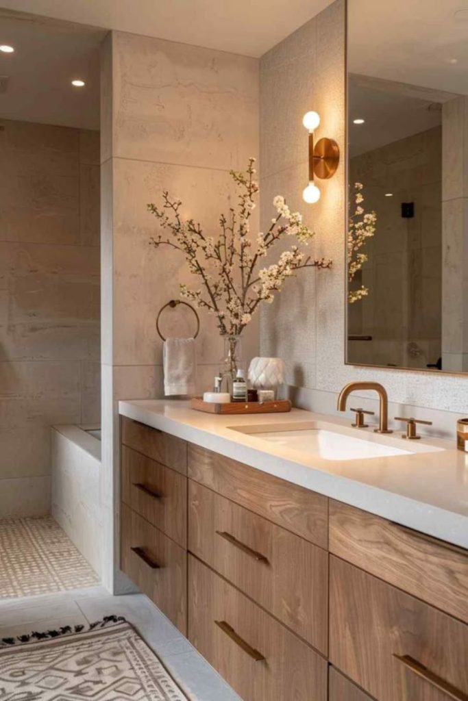 Creamy travertine ensuite bathroom design.
