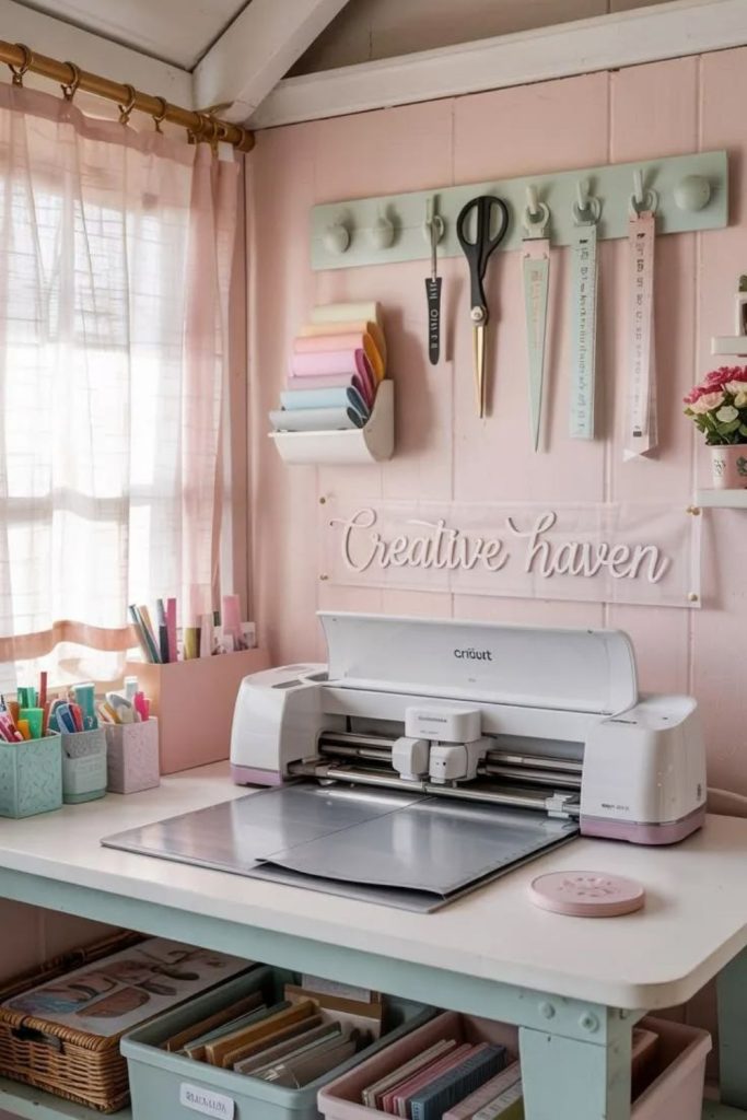 Cricut craft room with vinyl storage.
