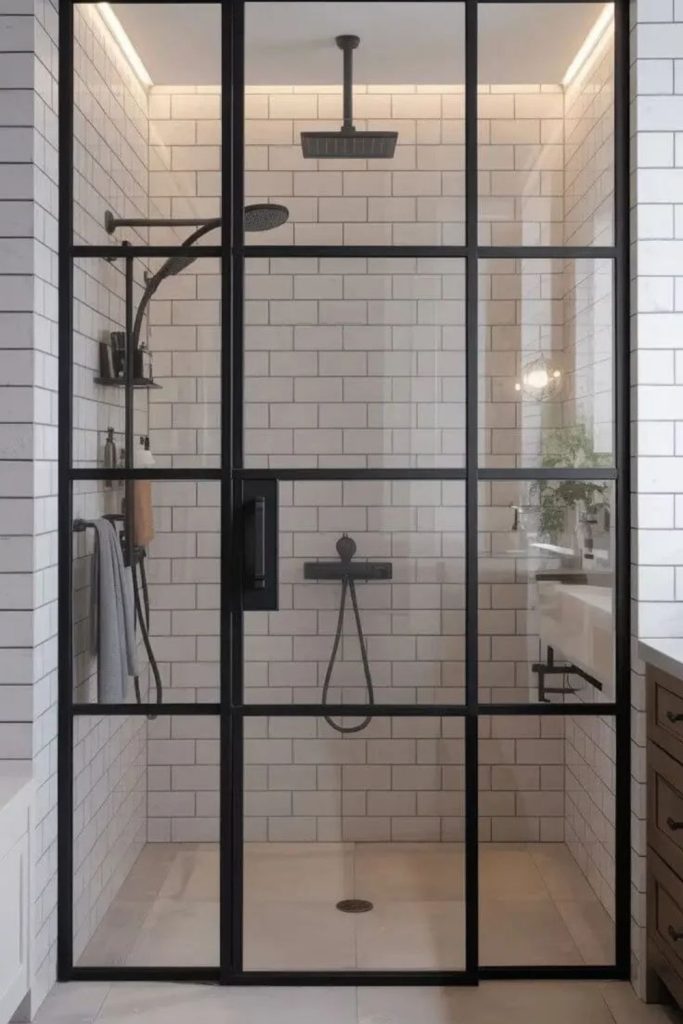 Textured glass Crittall bathroom door