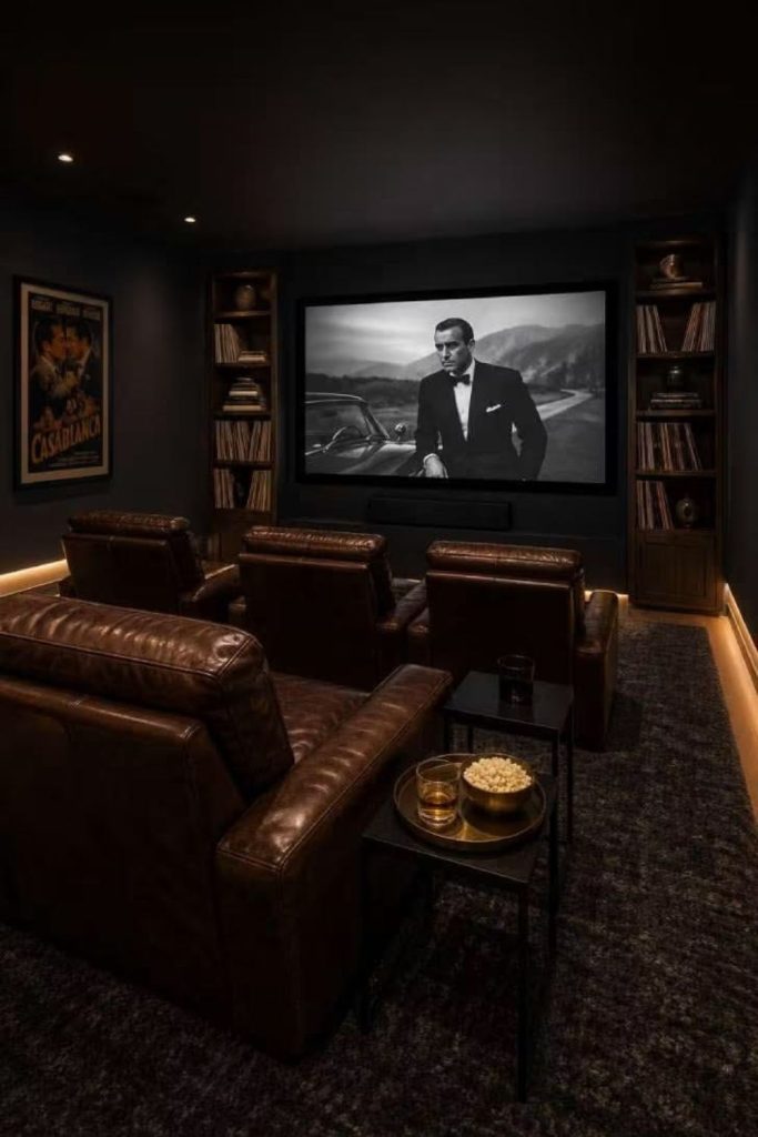 Dark academia-inspired home movie theater.