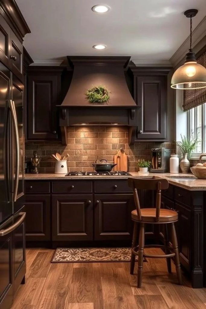 Dark chocolate farmhouse kitchen interior