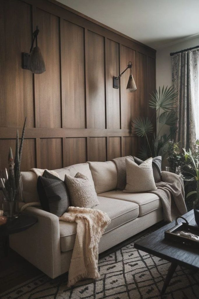 Dark walnut shiplap wall with accents.