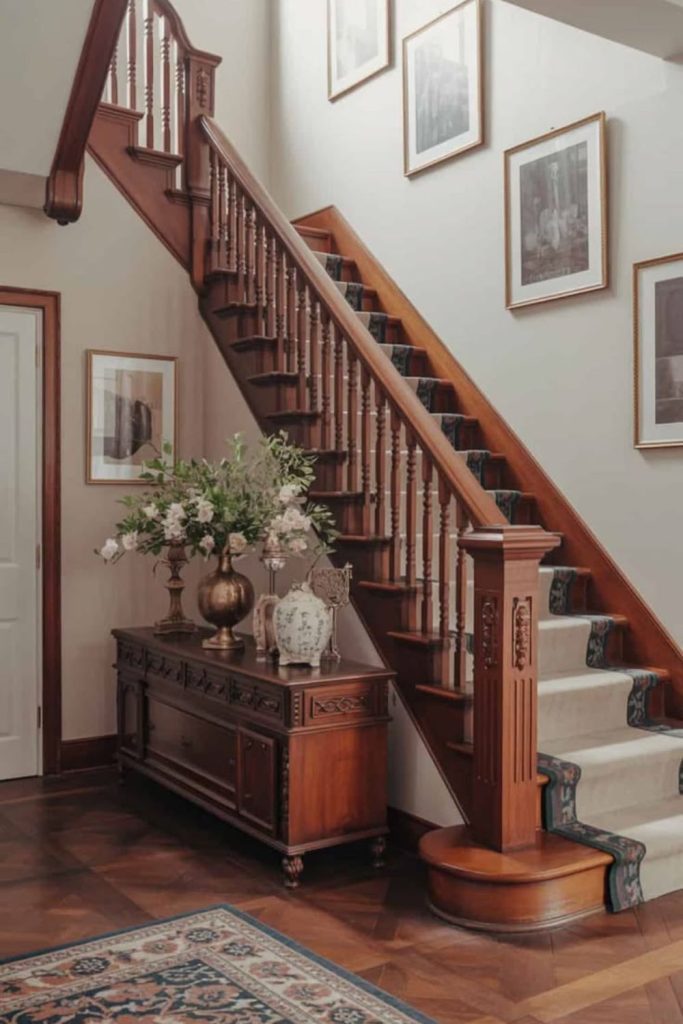 Dark walnut staircase with heritage styling.