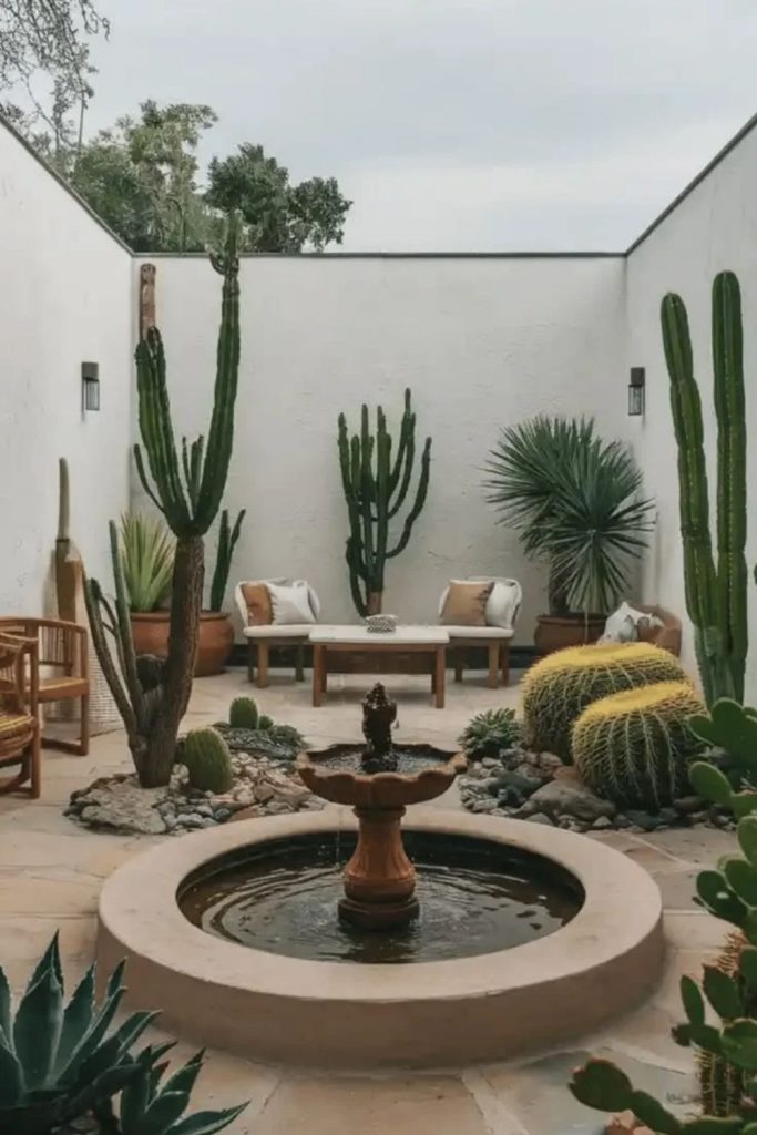 Desert-inspired courtyard with succulents and gravel.