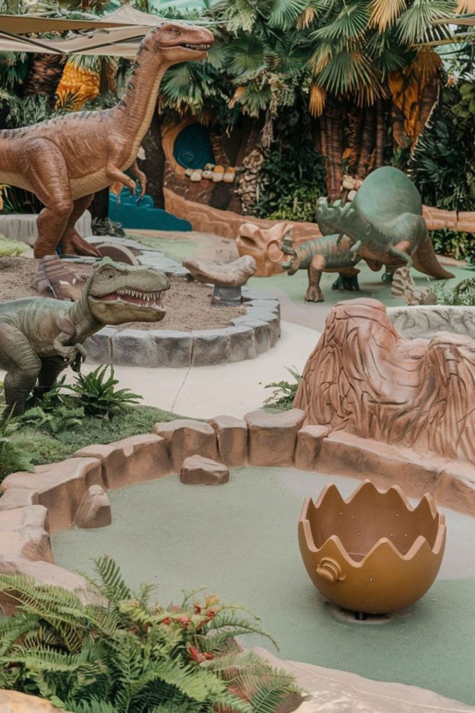 Fun dinosaur-themed kids playroom.