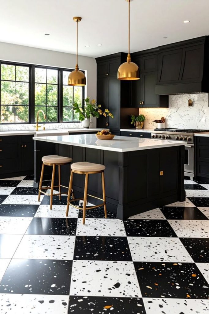 Dramatic black white kitchen floor.