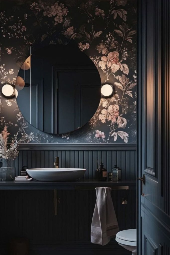 Moody charcoal powder room interior.
