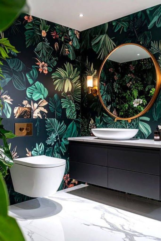 Dramatic feature wall ensuite bathroom.