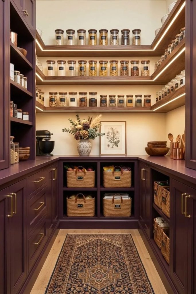 Dramatic library-style pantry with dark shelving.