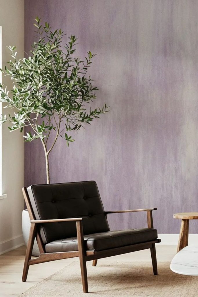 Dusty lavender textured limewash wall.