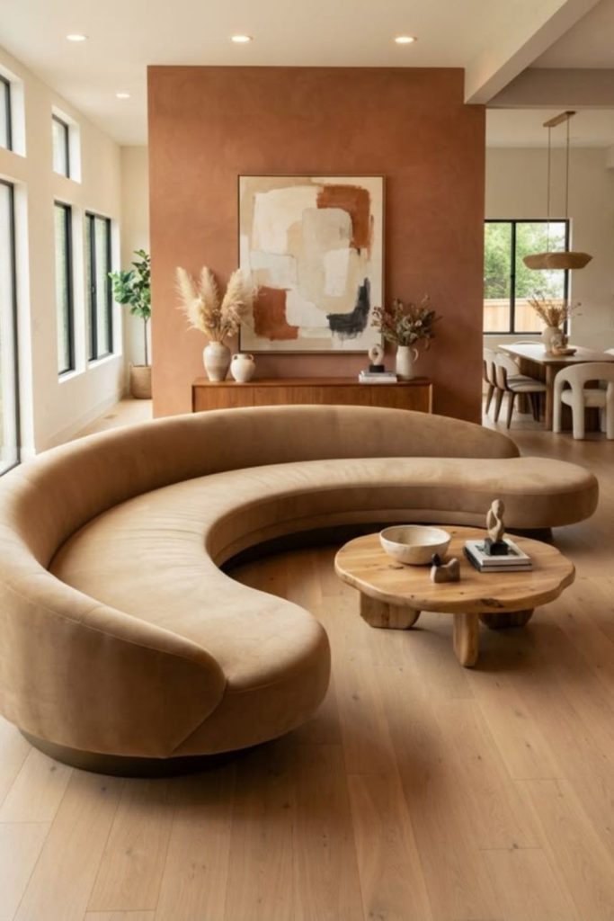 Earth-tone curved sofa with textures.