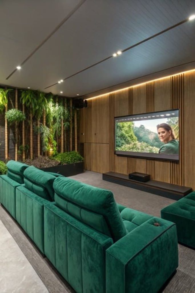 Warm earthy nature-inspired home theater.